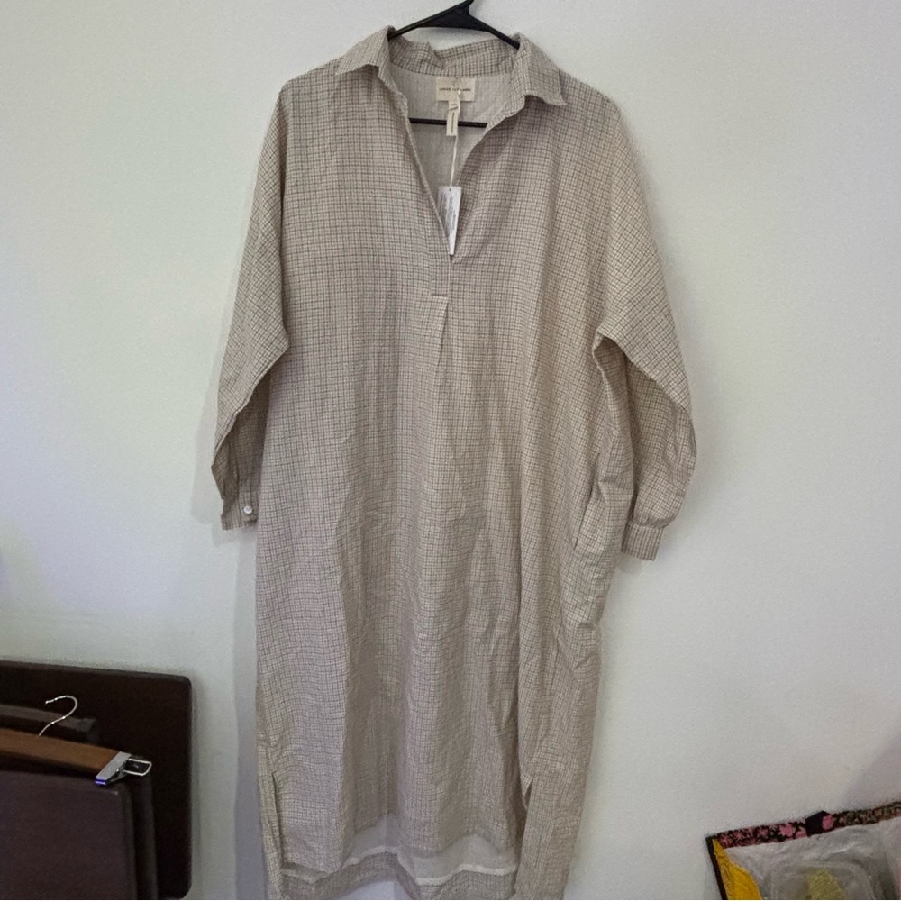Relaxed Cream Check Collared Midi Dress